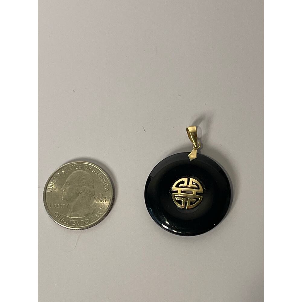 14K Yellow Gold Black Onyx Asian Longevity Symbol Pendant - Picture 8 of 9